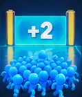 Portão azul com +2 e grupo de personagens